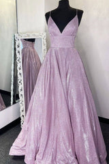Simple v neck A-line long prom dress sequin evening dress - RongMoon