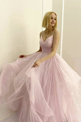 Simple pink v neck tulle long prom dress pink tulle formal dress