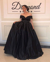 V-neck Off The Shoulder Long Black Satin Plus Size Prom Dresses Beaded Waistline