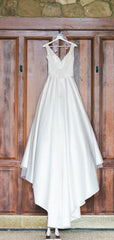 Affordable V-neck Satin A-line V-back Long Wedding Dresses.DB10625