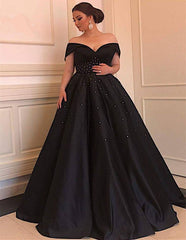 V-neck Off The Shoulder Long Black Satin Plus Size Prom Dresses Beaded Waistline