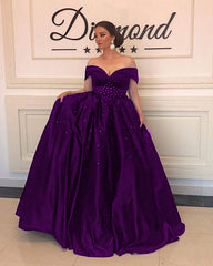 V-neck Off The Shoulder Long Black Satin Plus Size Prom Dresses Beaded Waistline