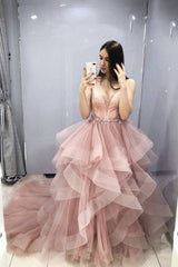 Pink v neck tulle long prom dress pink sweet 16 dress - RongMoon