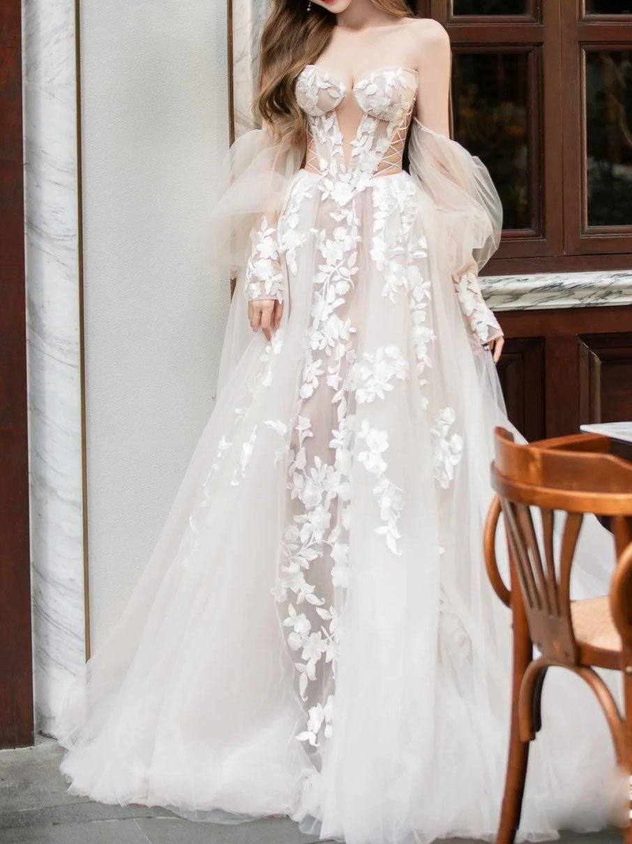 Light champagne tulle lace long prom dress, lace evening dress - RongMoon