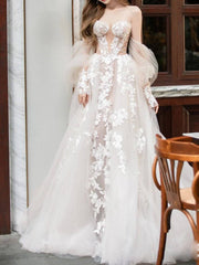 Light champagne tulle lace long prom dress, lace evening dress - RongMoon