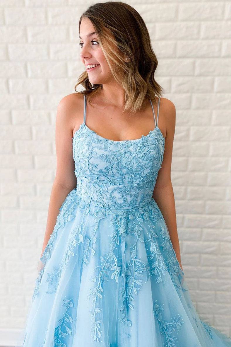 Blue sweetheart lace tulle long prom dress blue lace evening dress - RongMoon