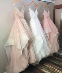 Simple v neck tulle long prom dress, tulle formal dress - RongMoon