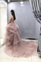Pink v neck tulle long prom dress pink sweet 16 dress - RongMoon