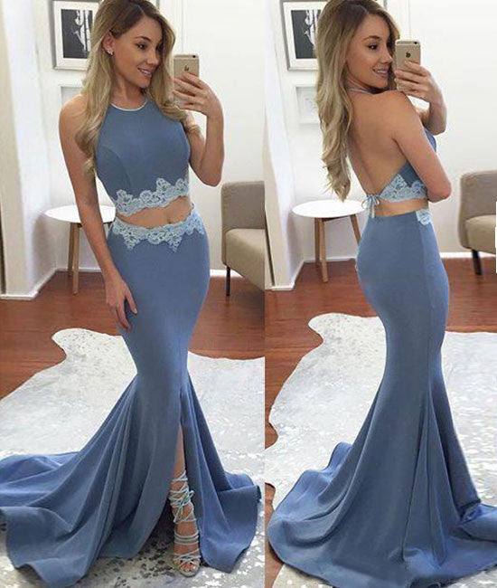 Simple two pieces backless long prom dress, formal dress - RongMoon
