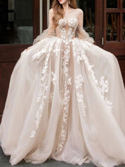 Light champagne tulle lace long prom dress, lace evening dress - RongMoon
