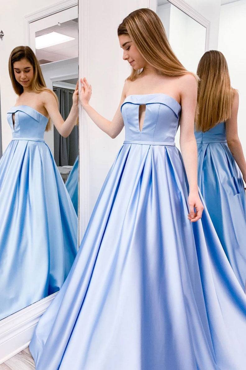 Simple blue satin long prom dress blue evening dress - RongMoon