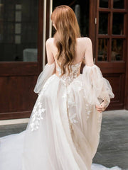 Light champagne tulle lace long prom dress, lace evening dress - RongMoon