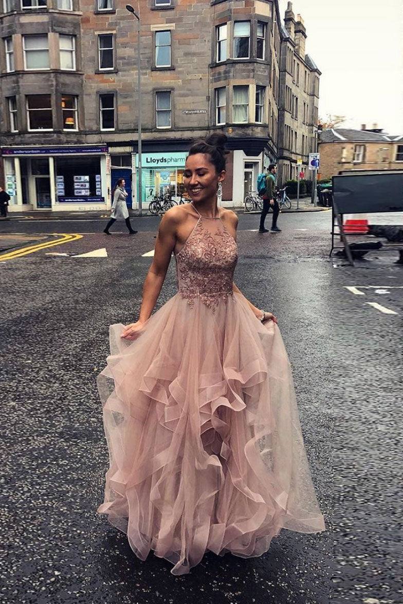 Pink tulle lace long prom dress sweet 16 dress - RongMoon