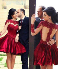 Red Lace long-sleeve Short Prom Dress, Homecoming Dress - RongMoon