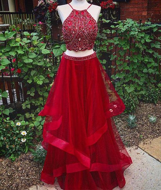 Custom made red two pieces sequin long prom dress, evening dress - RongMoon