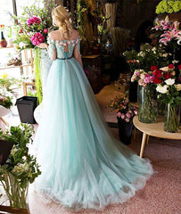 Unique green lace tulle long prom dress, green evening dress - RongMoon