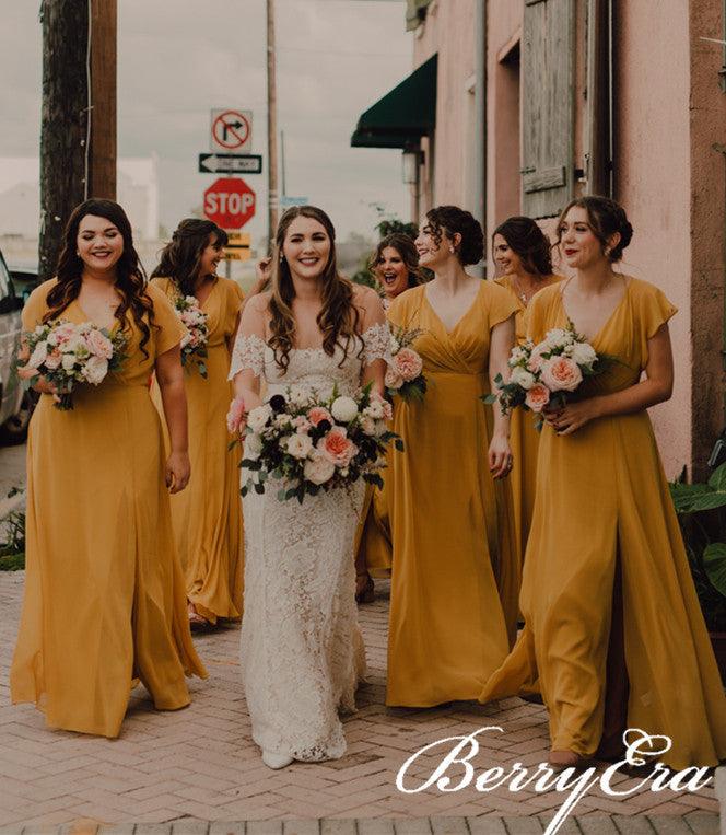 Short Sleeves A-line Ginger Yellow Chiffon Slit Bridesmaid Dresses - RongMoon