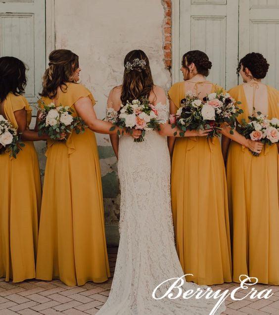 Short Sleeves A-line Ginger Yellow Chiffon Slit Bridesmaid Dresses - RongMoon