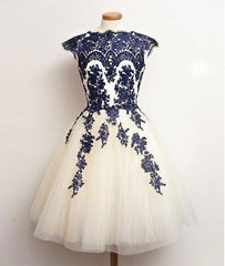 Blue Lace Tulle Short Prom Dress, Homecoming Dress, Bridesmaid Dress - RongMoon