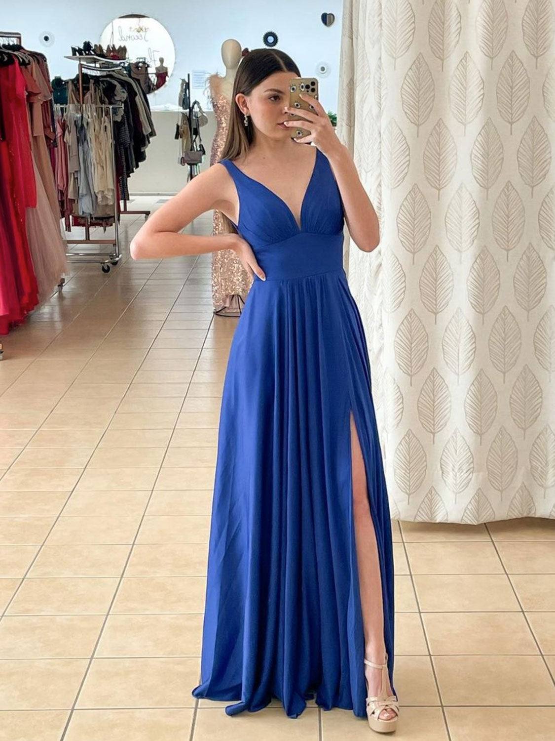 Simple v neck blue chiffon long prom dress blue long bridesmaid dress - RongMoon