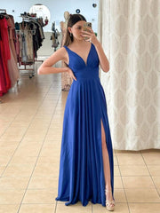 Simple v neck blue chiffon long prom dress blue long bridesmaid dress - RongMoon