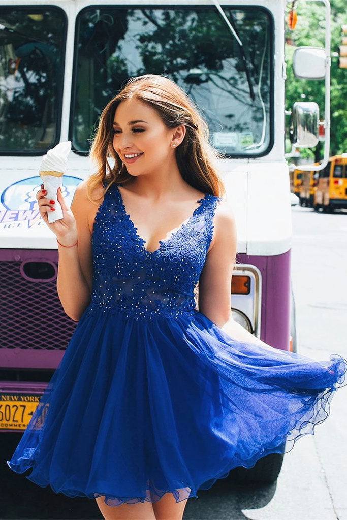 Blue v neck tulle lace short prom dress blue lace homecoming dress - RongMoon