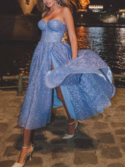 Blue tulle tea length prom dress, blue tulle evening dress - RongMoon