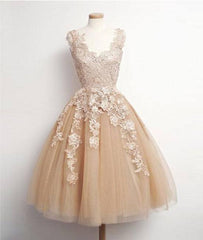 Champagne Tulle lace applique Short Prom Dress, Homecoming Dress - RongMoon
