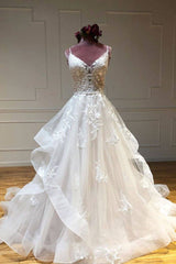 Light champagne tulle lace long prom dress lace long wedding dress - RongMoon
