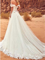 Tulle Off Shoulder Ivory Applique Wedding Dress, WD0455