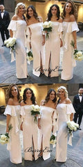 Off The Shoulder Ivory Bridesmaid Dresses, Slit Bridesmaid Dresses - RongMoon