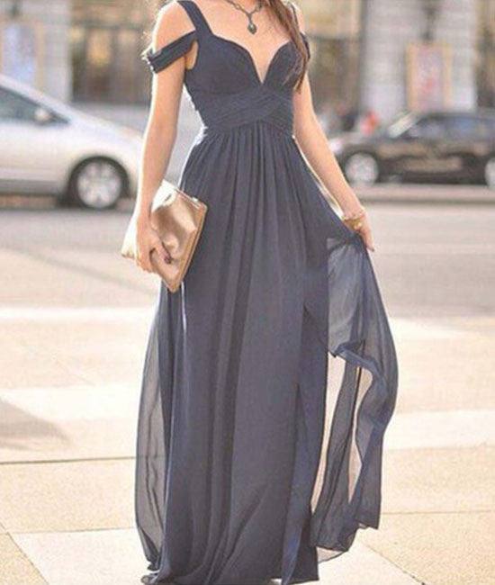 Cute Gray A-line off shoulder long prom dress for teens, bridesmaid dress - RongMoon