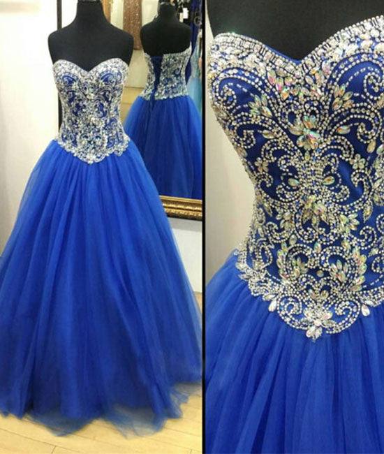 Royal blue Tulle Beaded Long Prom Dress, blue evening dresses - RongMoon