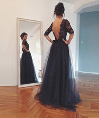 Black lace Tulle backless Long Prom Dress, Evening Dress - RongMoon