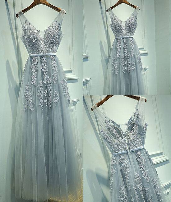 Gray A-line lace tulle long prom dress, lace tulle bridesmaid dress - RongMoon
