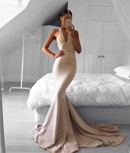 Simple champagne mermaid long prom dress, champagne evening dress - RongMoon