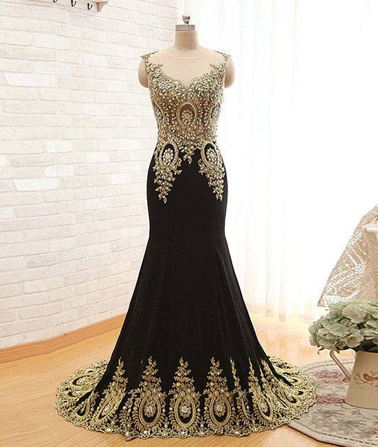 Black Round Neck Lace Applique long Prom Dress, Black Evening Dress - RongMoon