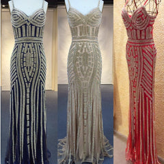 unique Golden Stripe Beading V Neck Long Mermaid Prom Evening Dresses