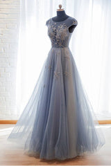 Blue tulle lace long prom dress blue tulle formal dress - RongMoon