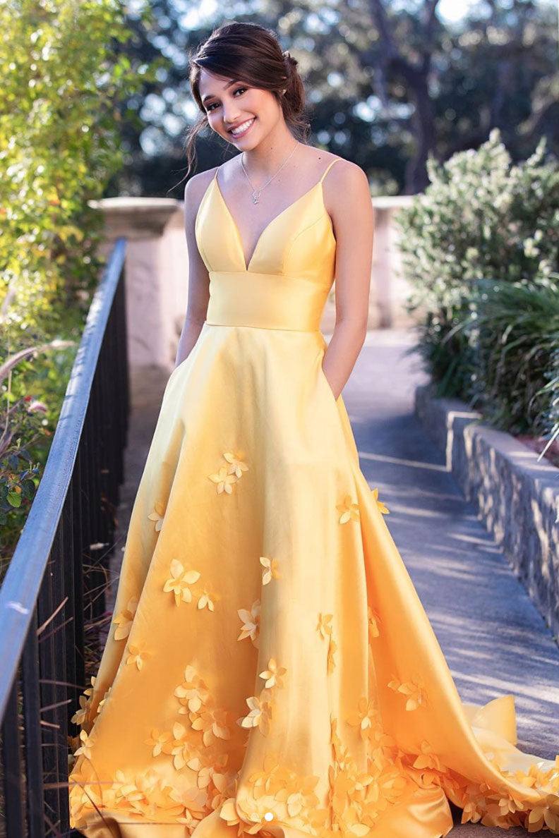 Yellow  satin long prom dress yellow evening dress - RongMoon