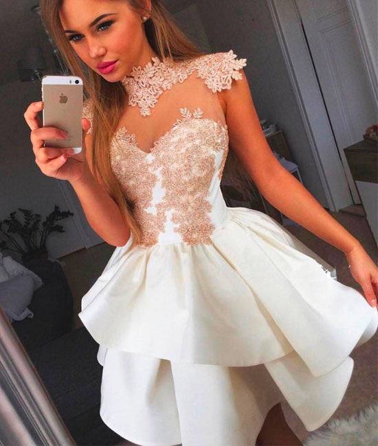Cute white lace short prom dress, cute homecoming dress - RongMoon