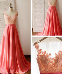 Unique chiffon lace round neck long prom dress, formal dress - RongMoon