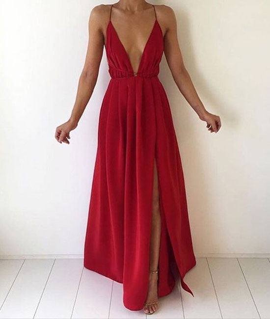 A-line Backless Red Long Prom Dress, Evening Dress - RongMoon