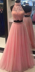 Pink two pieces lace tulle long prom dress, pink evening dress - RongMoon
