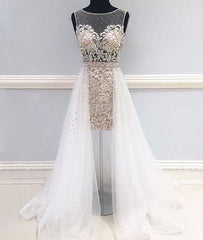 Unique white round neck tulle short prom dress, white evening dress - RongMoon