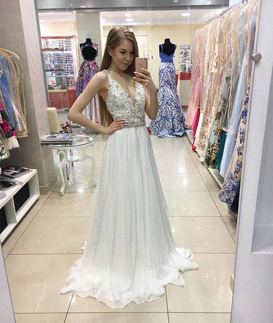 White v neck lace long prom dress, evening dress - RongMoon