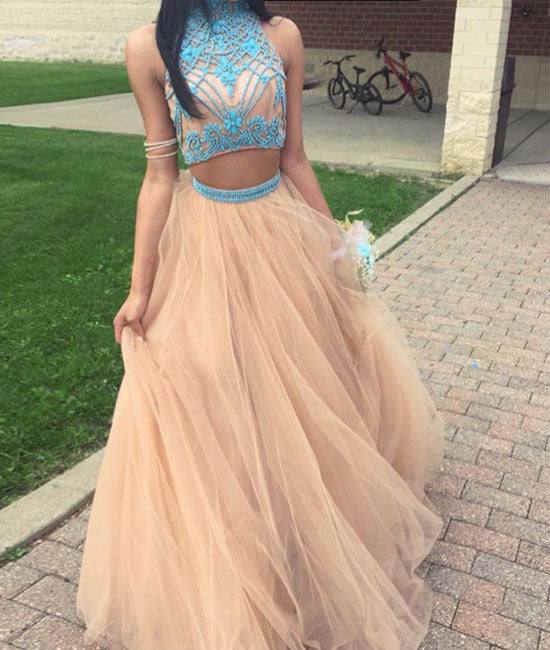 Champagne tulle two pieces beads long prom dress, evening dress - RongMoon