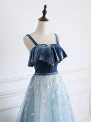 Blue tulle lace long prom dress, blue tulle formal dress - RongMoon