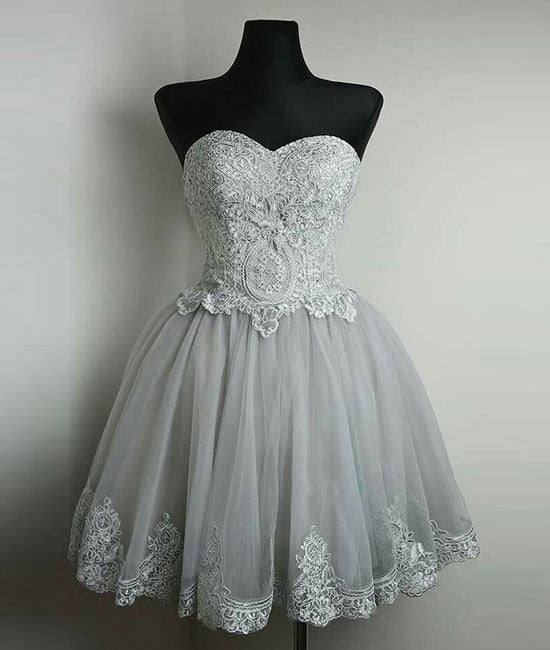 Cute gray tulle lace short prom dress, gray homecoming dress - RongMoon