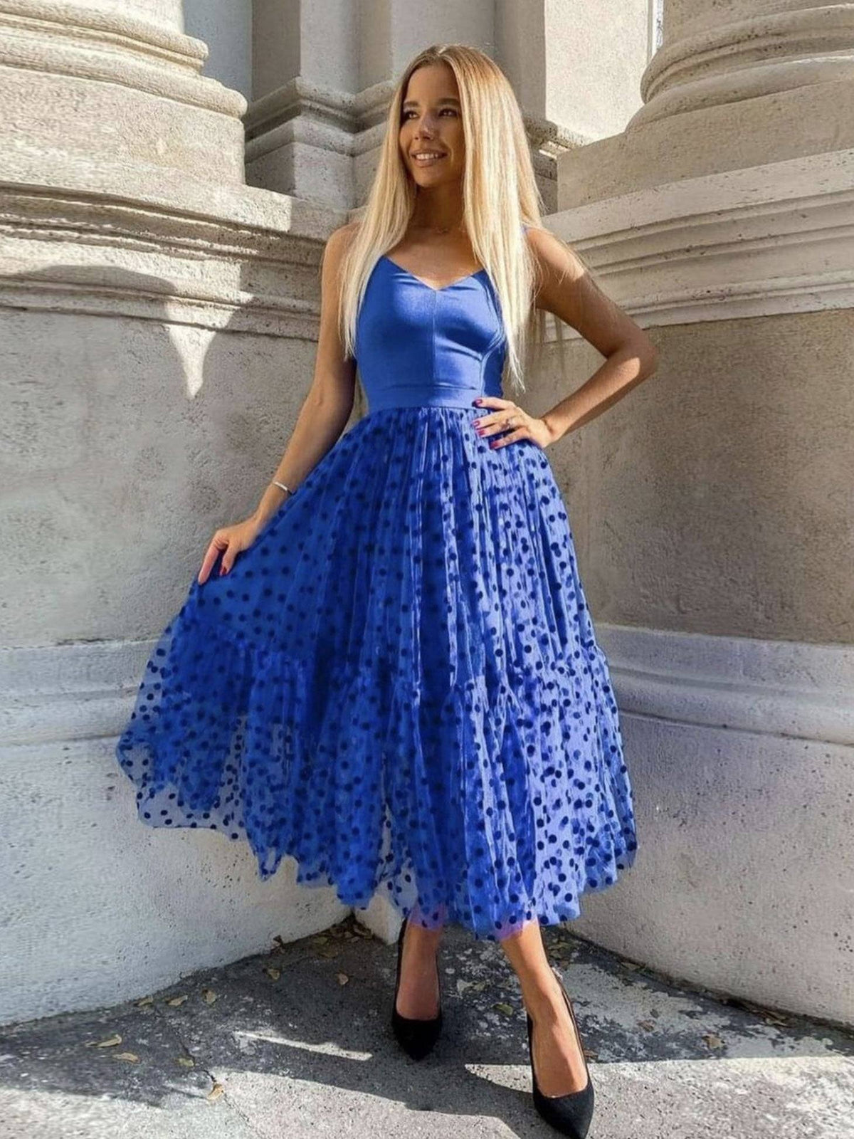 Blue v neck tulle tea length prom dress, blue tulle formal dress - RongMoon